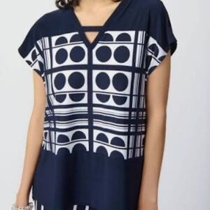 Joseph Ribkoff Geometric Two-Tone V-Neck Shirt Navy White Career Sz 14